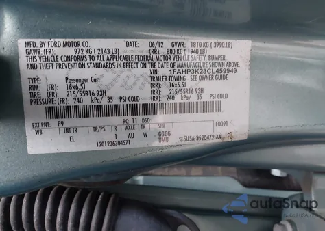 2012 Ford Focus Se z USA, uszkodzony, nr VIN 1FAHP3K23CL459949